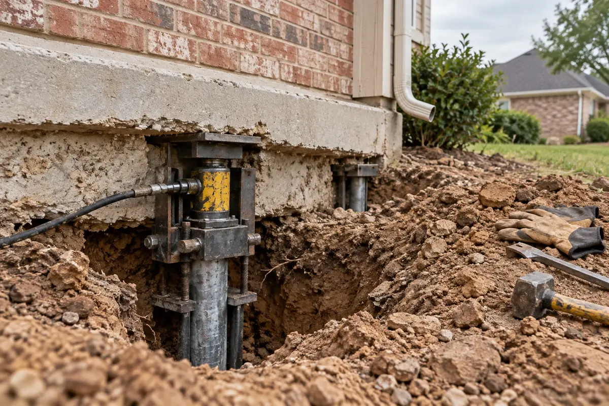 A hydraulic jack and steel pier under the edge of a brick house foundation in an excavated pit