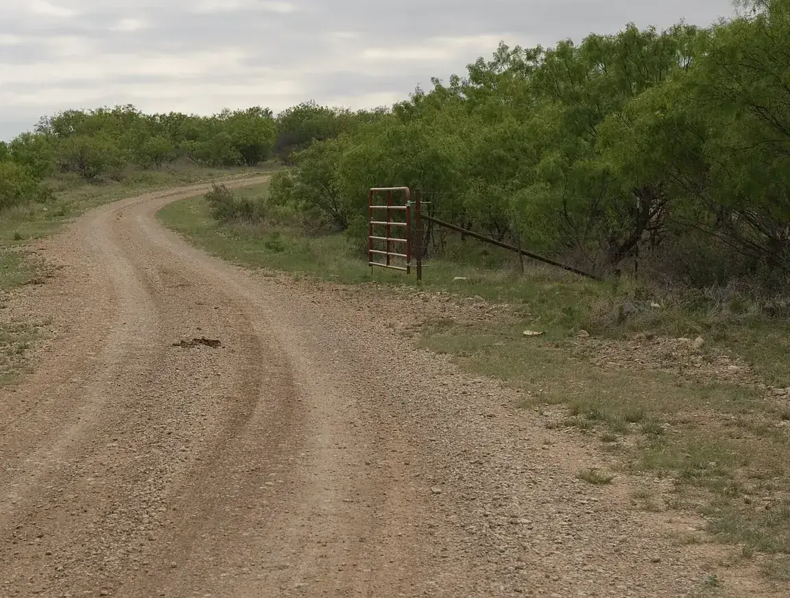 A steel pipe gate standing open beside a gravel ranch road through mesquite country near Albany, Texas