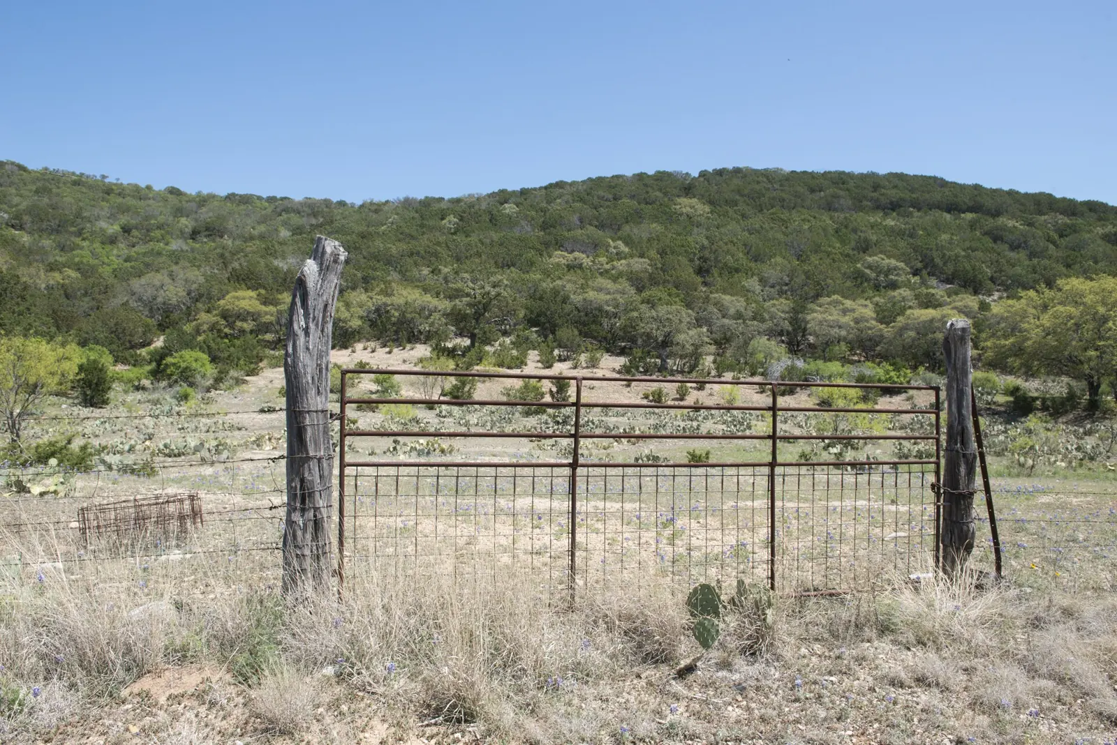 A metal-framed wire gate hung between two weathered wooden posts on a hillside pasture near Burnet, Texas