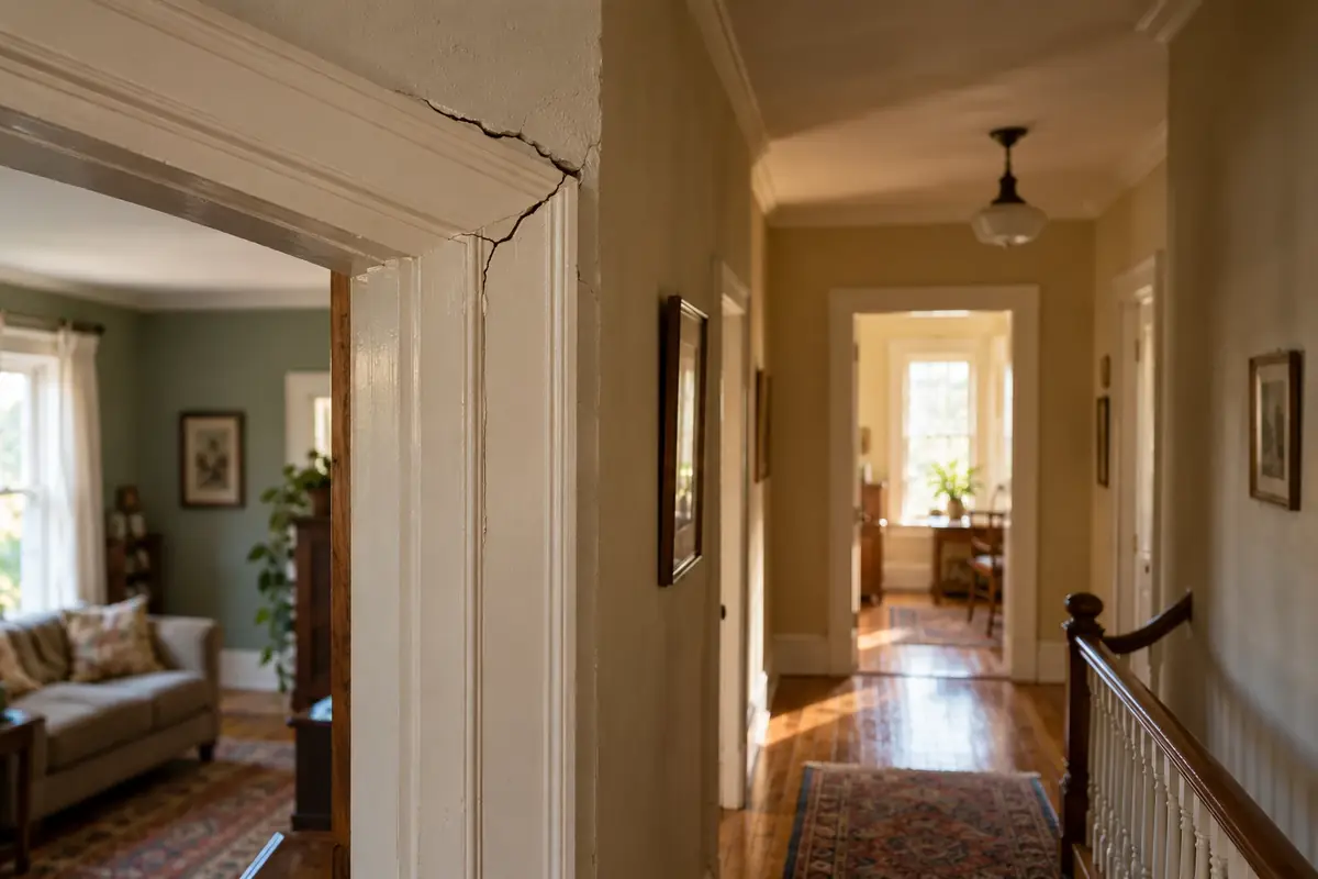 A crack in the plaster above an interior door frame in a hallway with wood floors